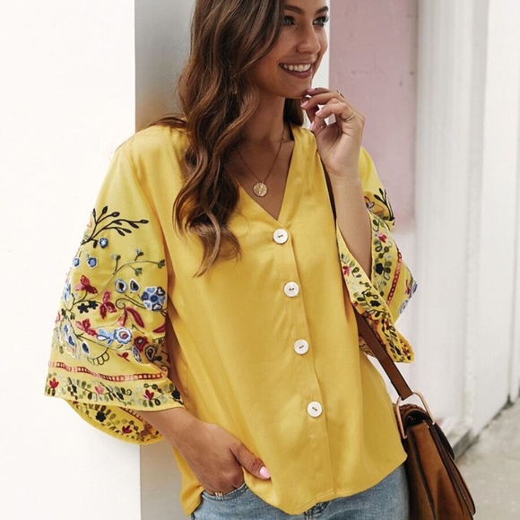 RONNIE Embroidered Sleeve Button down Blouse - Picture 6 of 6